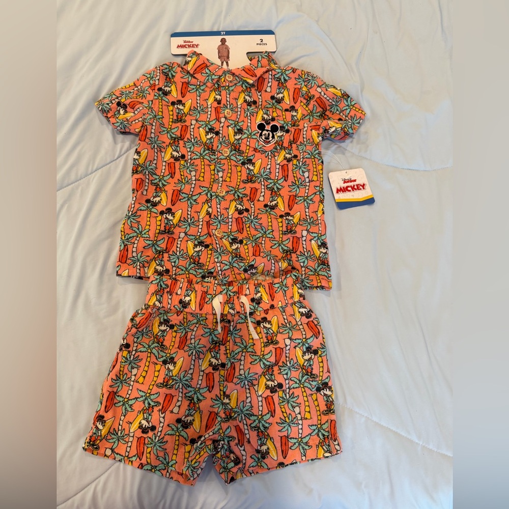 Disney Mickey Mouse Hawaiin Kids  Set - Orange and Black.  New 2T